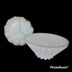 VINTAGE ANCHOR HOCKING milk glass gold trim big serving bowl plus divide…